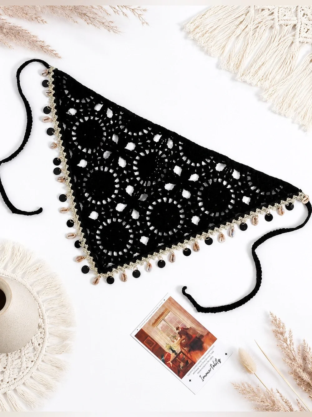 Boho Black Crochet Triangle Head Scarf Shell Charm Trim Beach Festival Bandana